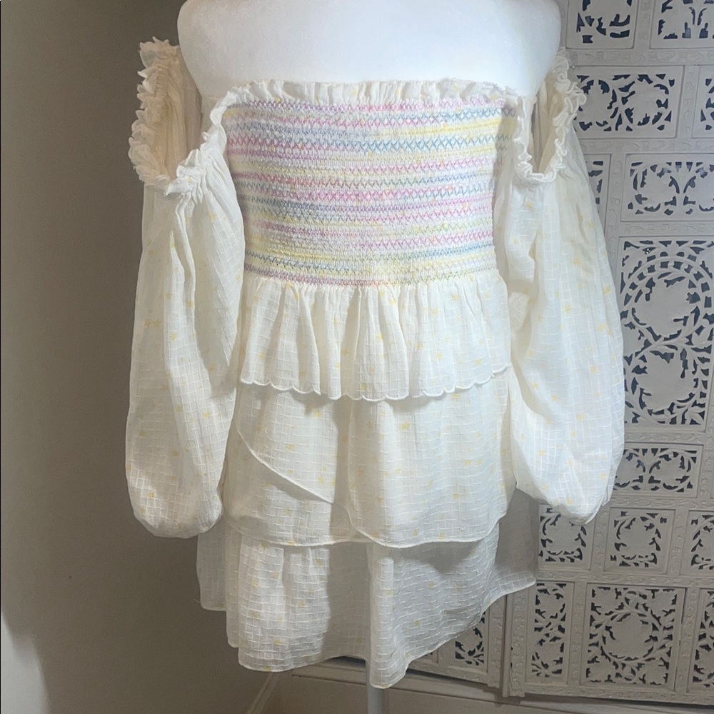 LoveShackFancy Cream and yellow stars Smocked Top with multicolor threading